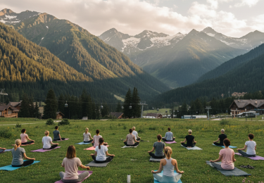 Yoga at Rosa Khutor, 1,100 meters up in the mountains.